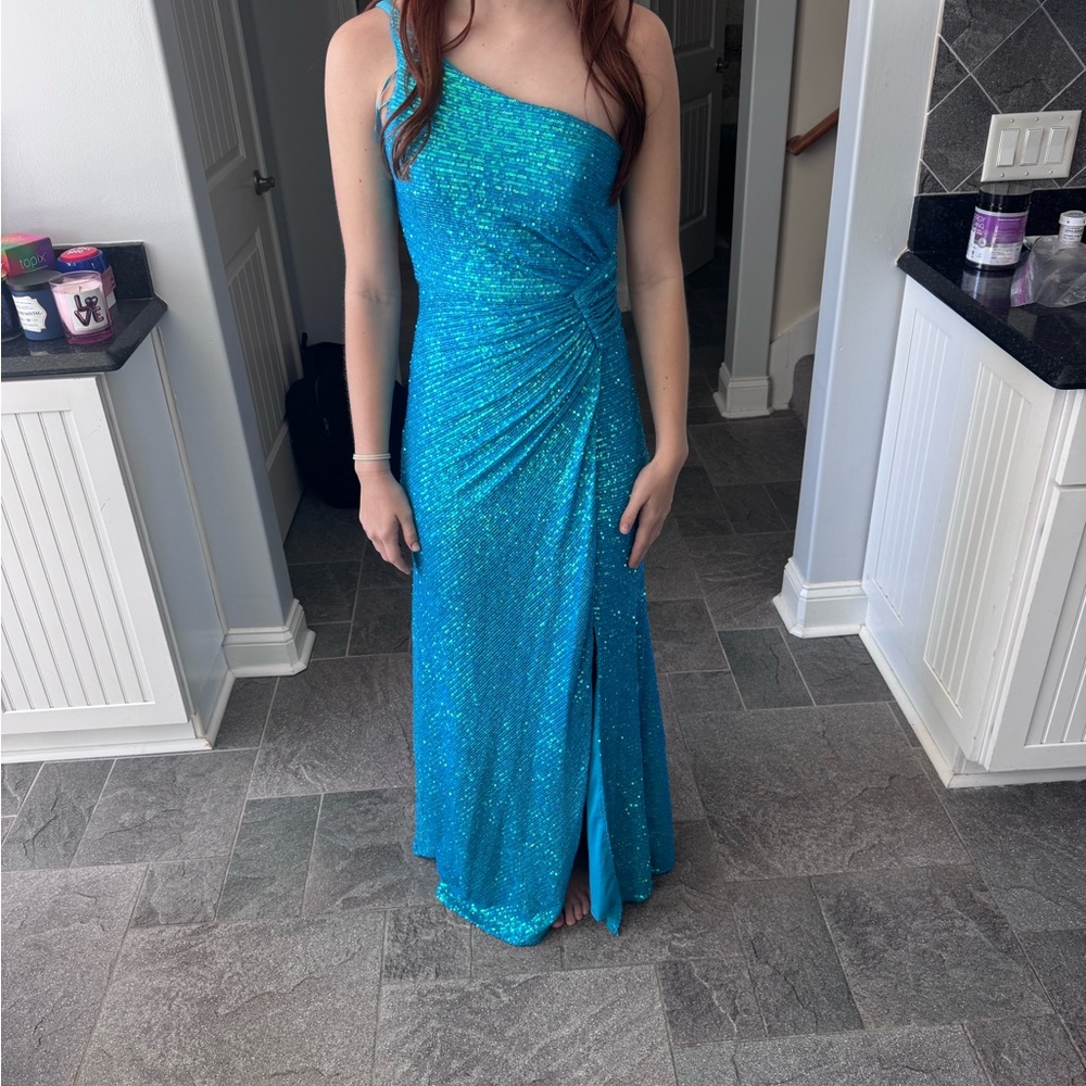 Morgan & Co. Turquoise One-Shoulder Dress